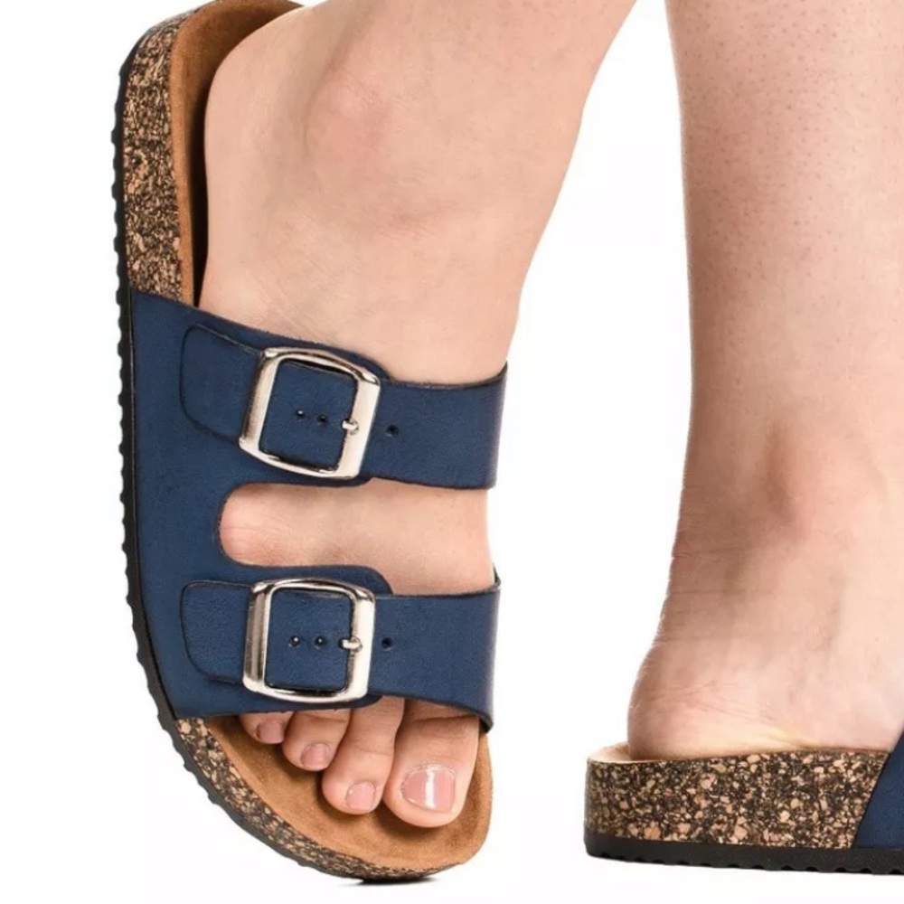 SOLEMATE Navy Blue Faux Leather Dbl Buckle Slides - Picture 3 of 3